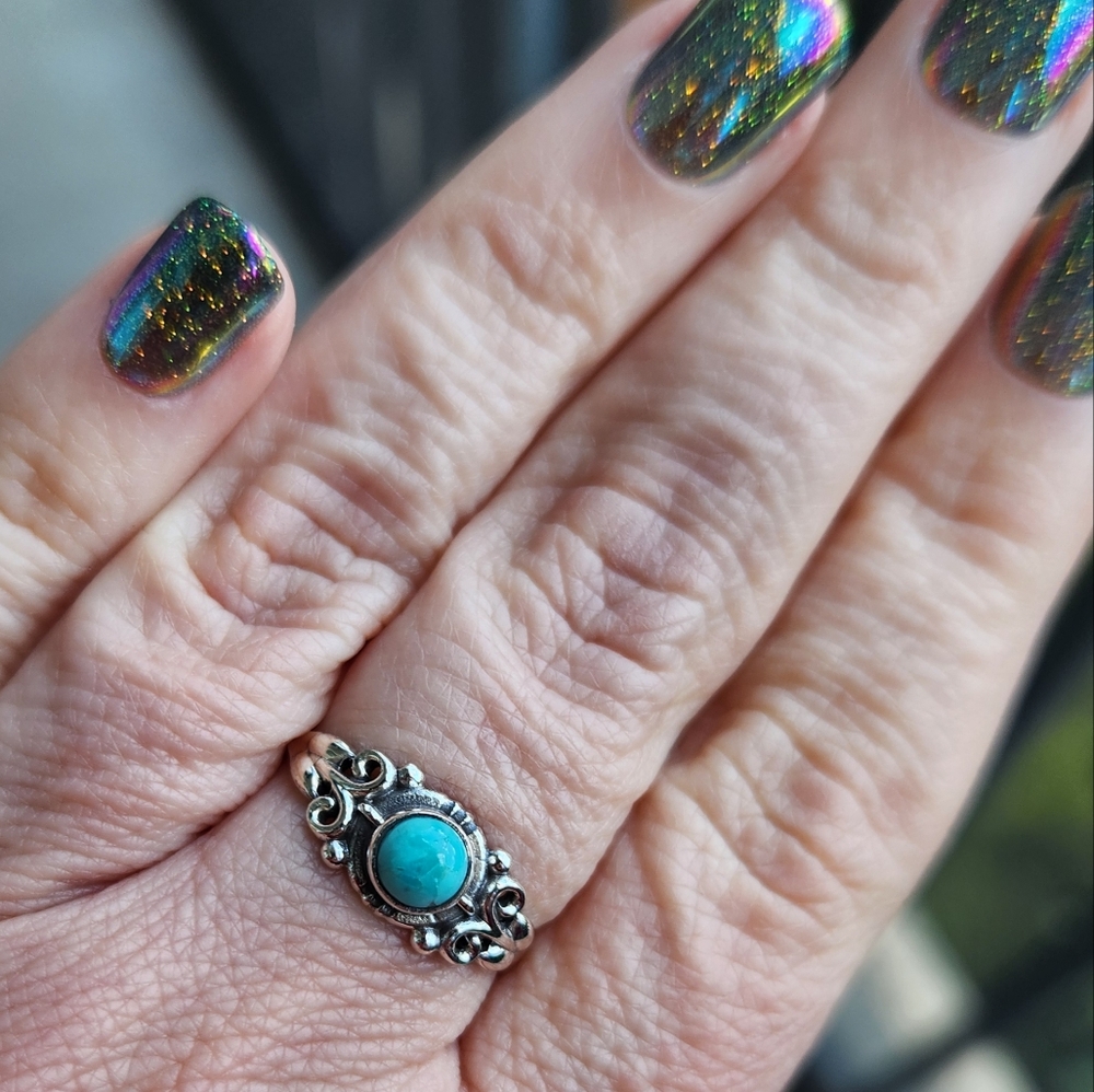 (5 For $25) Sterling Silver 925 Turquoise Scroll Ring Size 8.75 Handmade